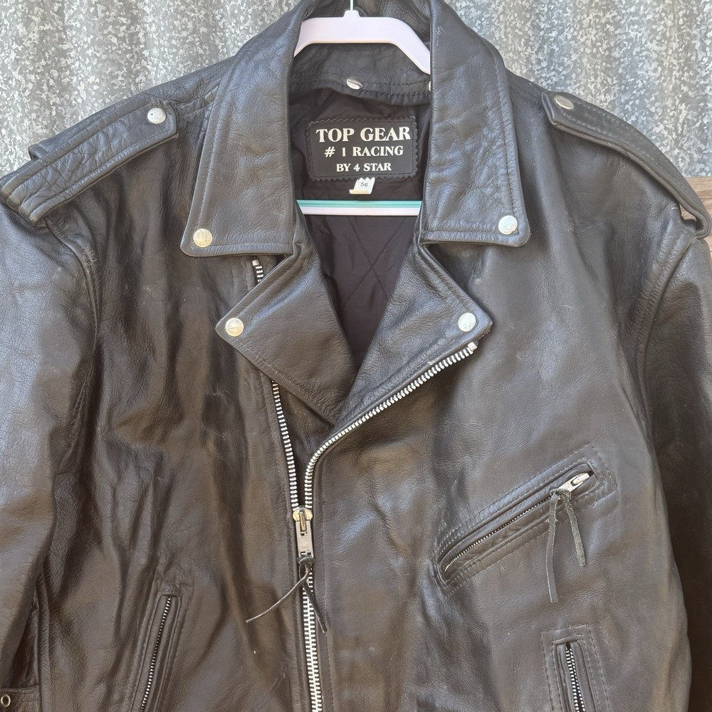 Top Gear #1 Racing Black Leather Motorcycle Jacket Mens 56 Biker Moto